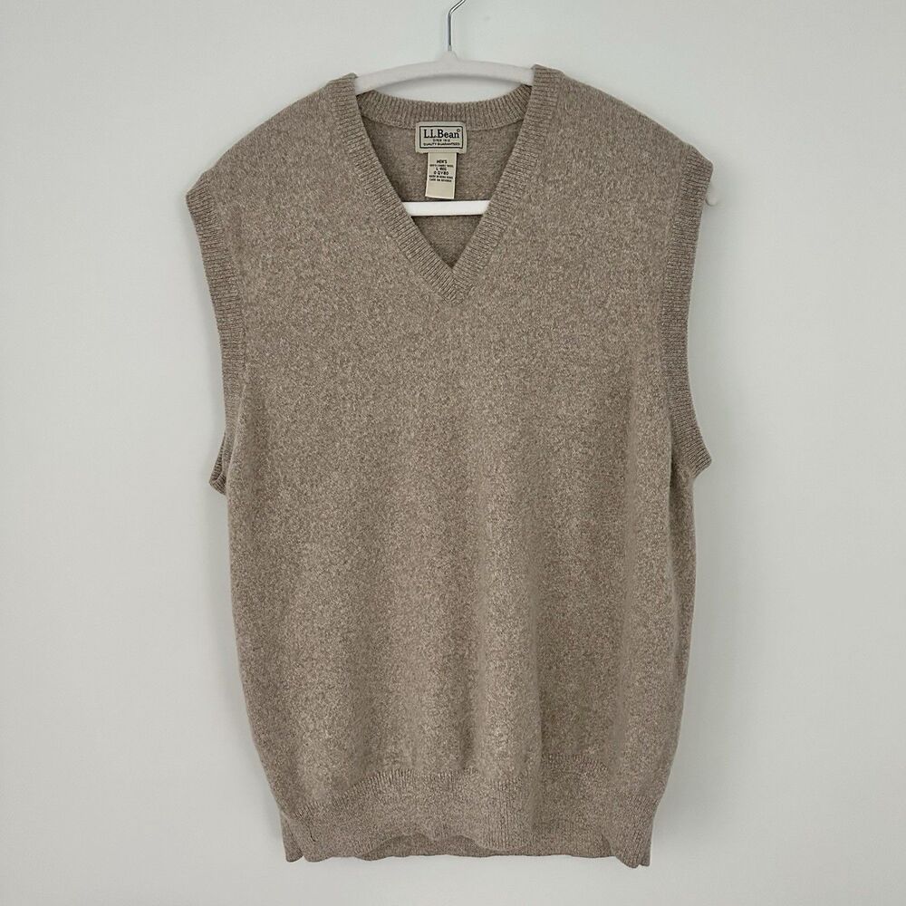 LL Bean Sweater Vest Mens Large Lambswool Beige V Neck Classic Knit Heritage